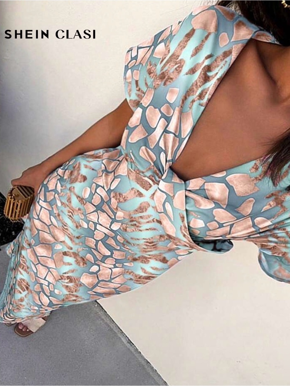SHEIN Blue & Peach Abstract Print Cutout Midi Dress . NWOT